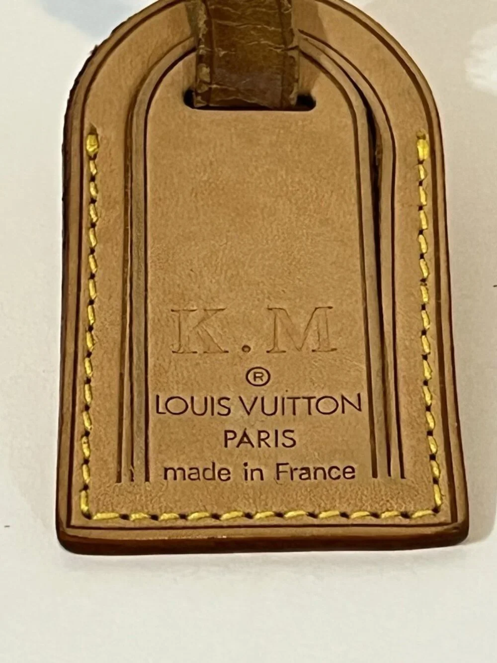 Authentic Louis Vuitton Vachetta Leather Luggage Tag Brass Buckle *Initials KM*